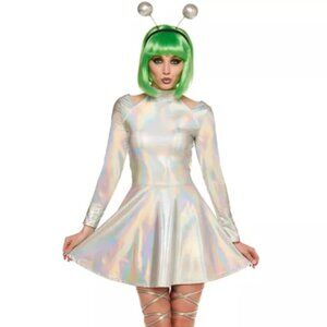 NWOT Holographic Alien Long Sleeve Cold Shoulder Dress
